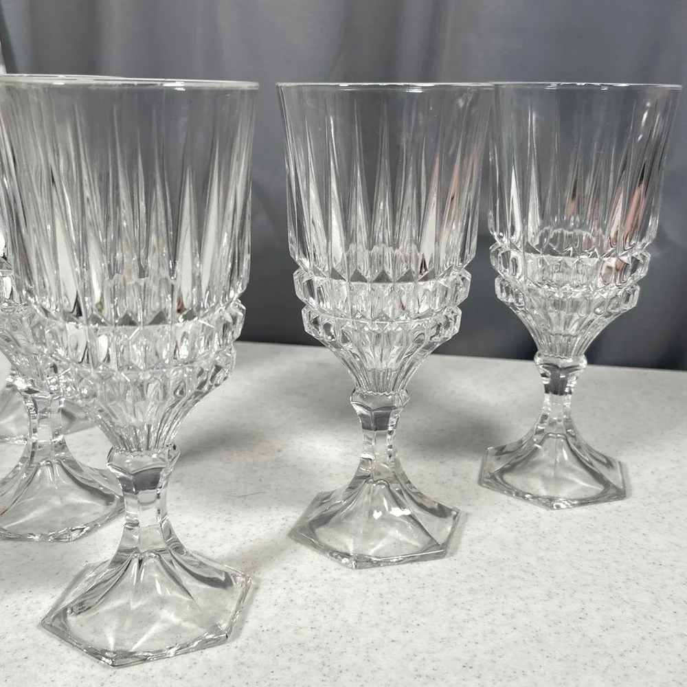 Fostoria Heritage Clear Glass Crystal Water Goblets Hexagon Diamond Wedge Set/5